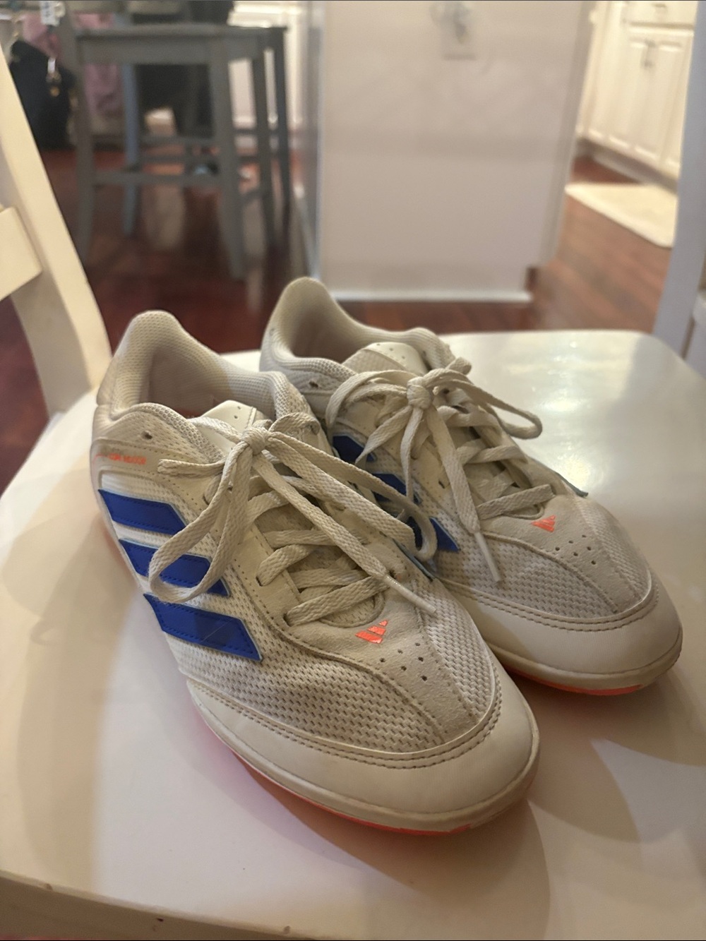 adidas Kids White Sneakers with Blue Stripes and Coral Accents